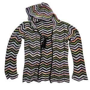 VTG Y2K Open Cardigan Knit Sweater Hooded Rainbow Zigzag Chevron Unbranded Small